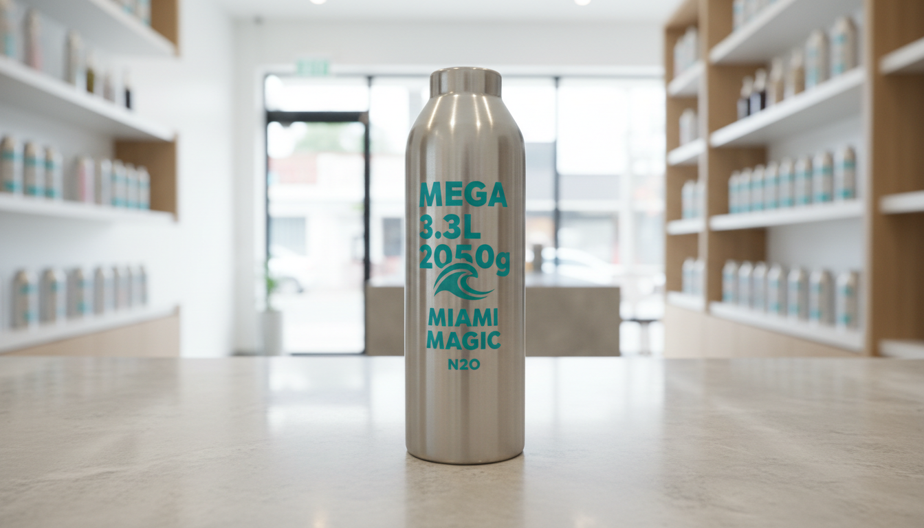A highly detailed MEGA 3.3L 2050g Miami Magic Cylinder N2O cream charger, crafted from smooth, polished stainless steel with a sleek matte silver finish and vibrant turquoise branding. It stands upright on a light grey stone countertop in a modern retail store environment, surrounded by minimalist shelving displaying assorted cream charger packaging. Soft, diffused daylight from large front windows bathes the scene, highlighting the gentle curvature of the cylinder and casting subtle reflections on the metallic surface. The mood is clean and professional, with a sense of trust and quality. Captured from an eye-level perspective with centered composition and shallow depth of field, the focus is sharp on the product, blurring the elegant store behind. The style is photographic realism with a clean, modern feel—ideal for a specialty cream charger retailer.